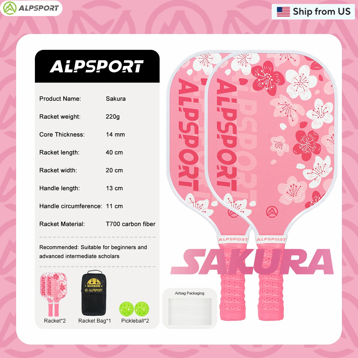 ALPSPORT Sakura USAPA Pickleball Paddle T700 With Two Free Balls