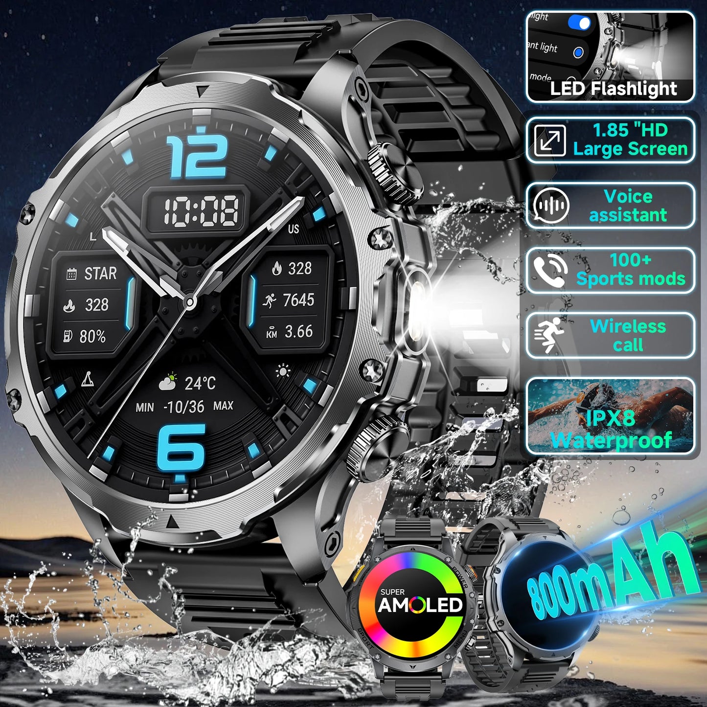 Military Smartwatch With HD Screen And Over 100 Sports Modes