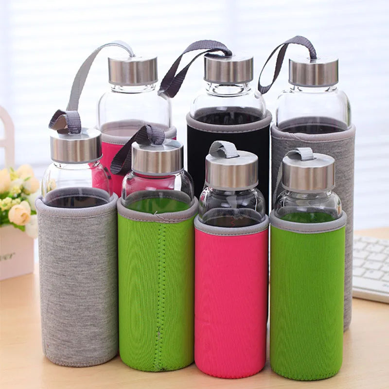 Glass Water Bottle With Stainless Steel Lid And Protective Bag