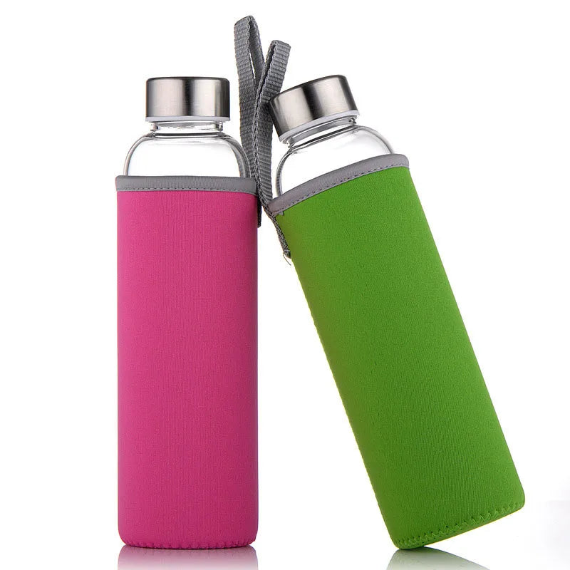 Glass Water Bottle With Stainless Steel Lid And Protective Bag