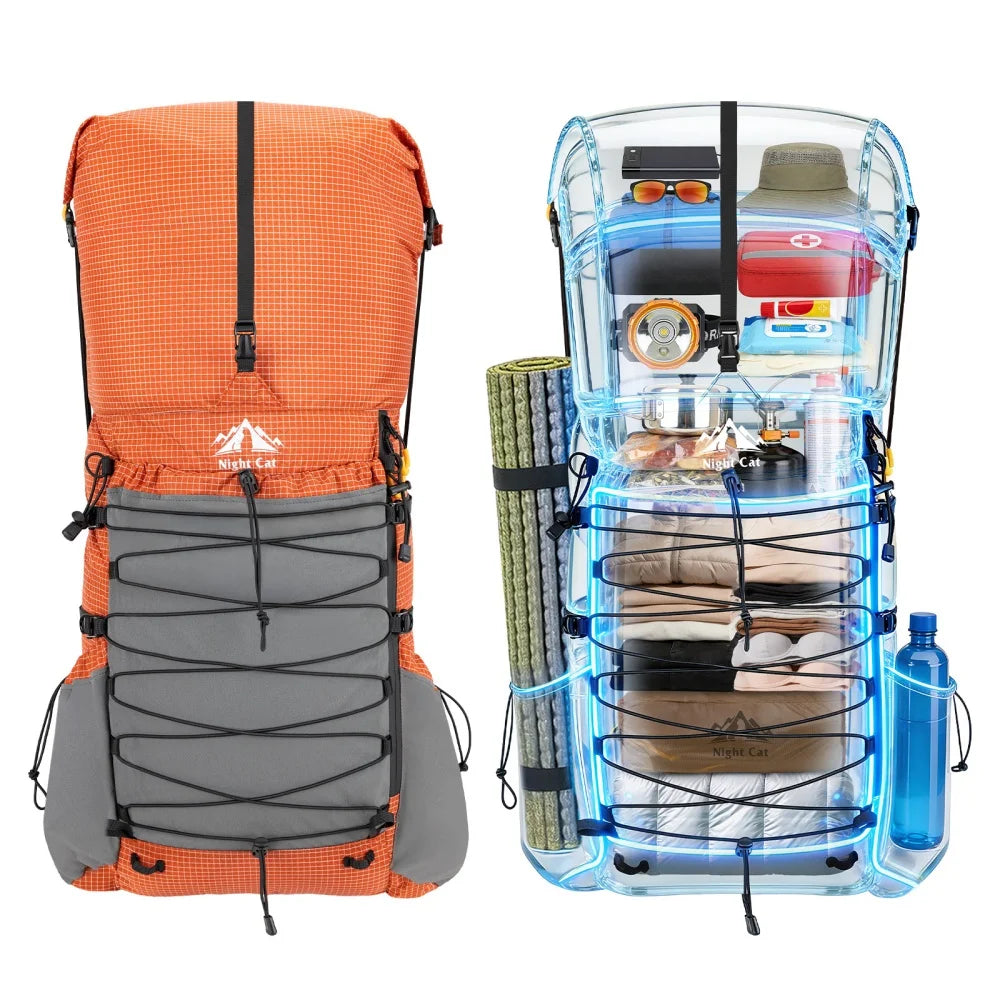 Night Cat Lightweight Internal-Frame Roll-Top Hiking Backpack with Rain Cover