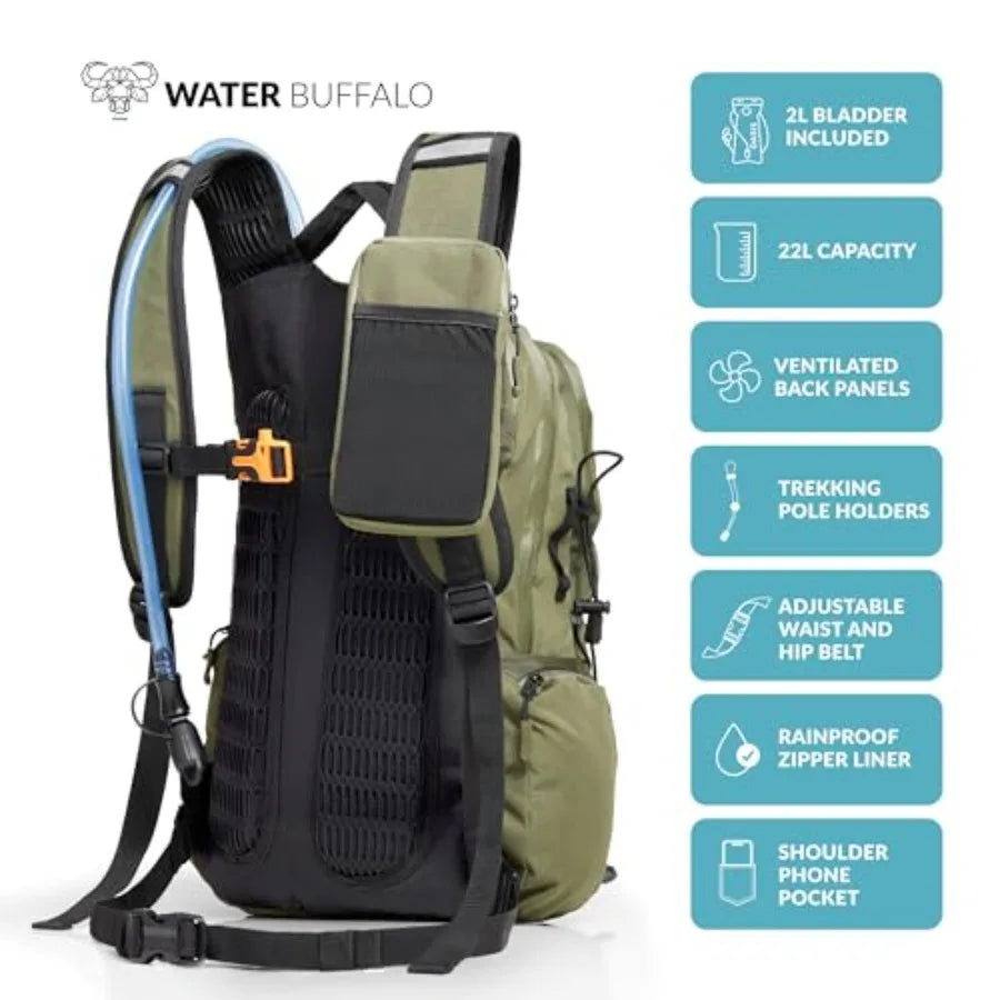 Hydration Backpack For Hiking With Water Bladder And Waterproof Zippers