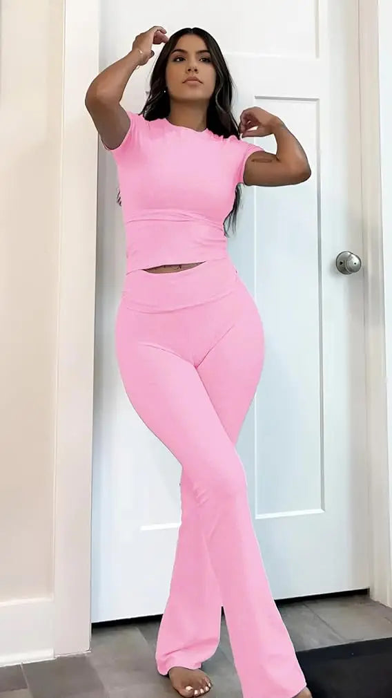 Women's Two-Piece Yoga Set Short Sleeve Top Flared Pants