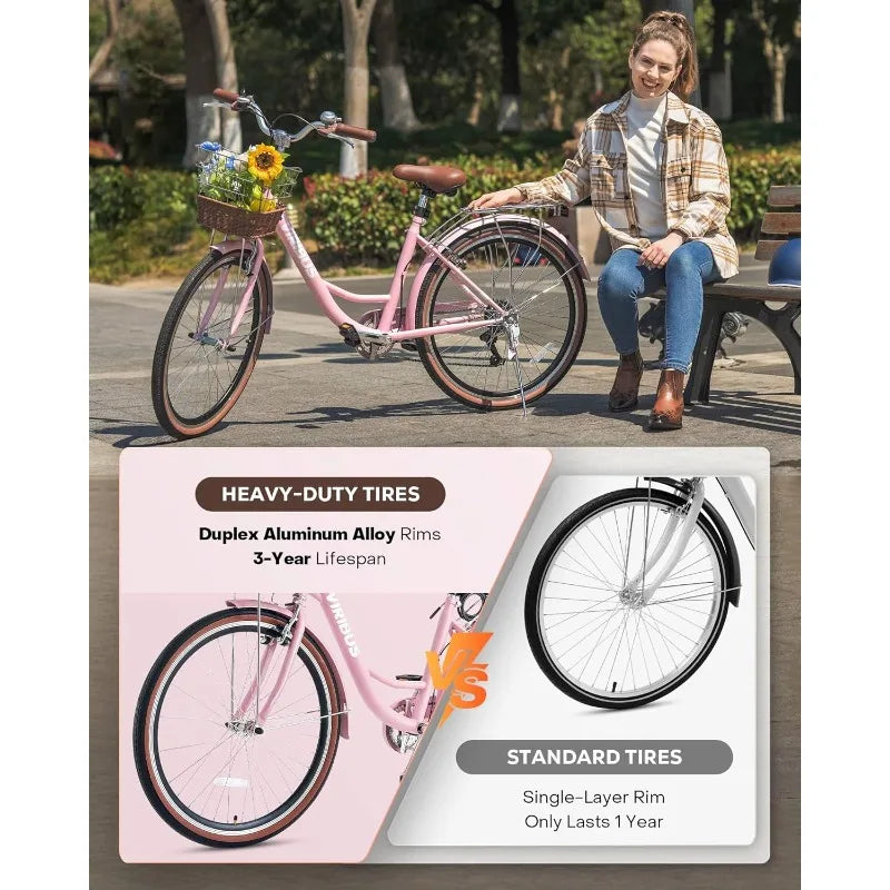 Viribus Womens Cruiser Bike 7 Speed Beach City Commuter Basket