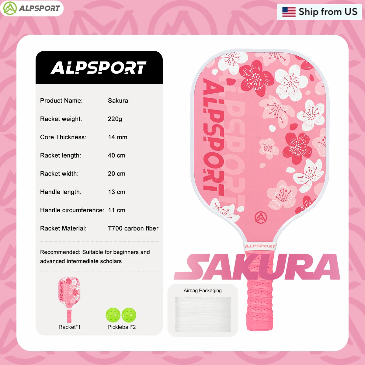 ALPSPORT Sakura USAPA Pickleball Paddle T700 With Two Free Balls