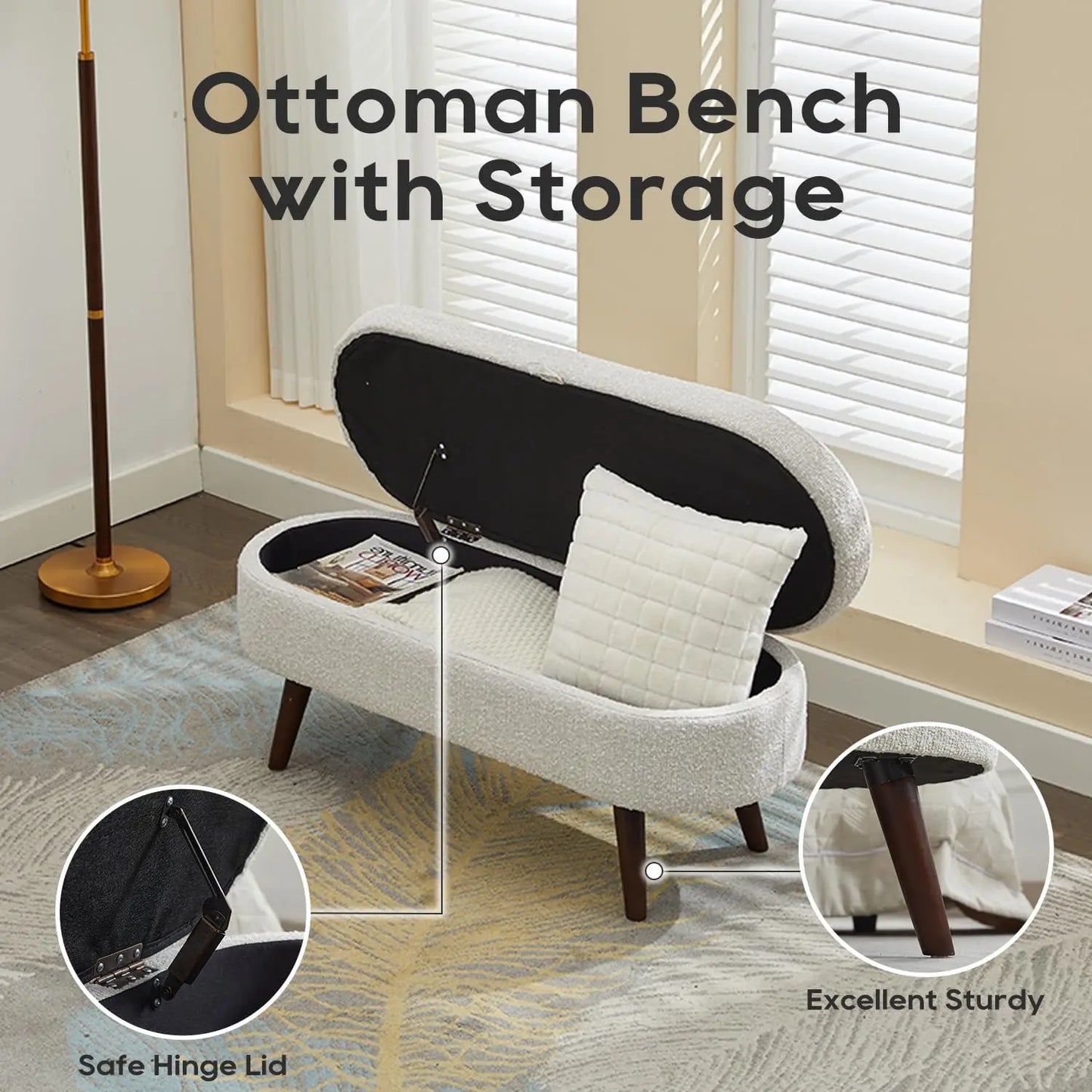 TODRANI Boucle Storage Ottoman Bench Flip Top with Safety Hinge