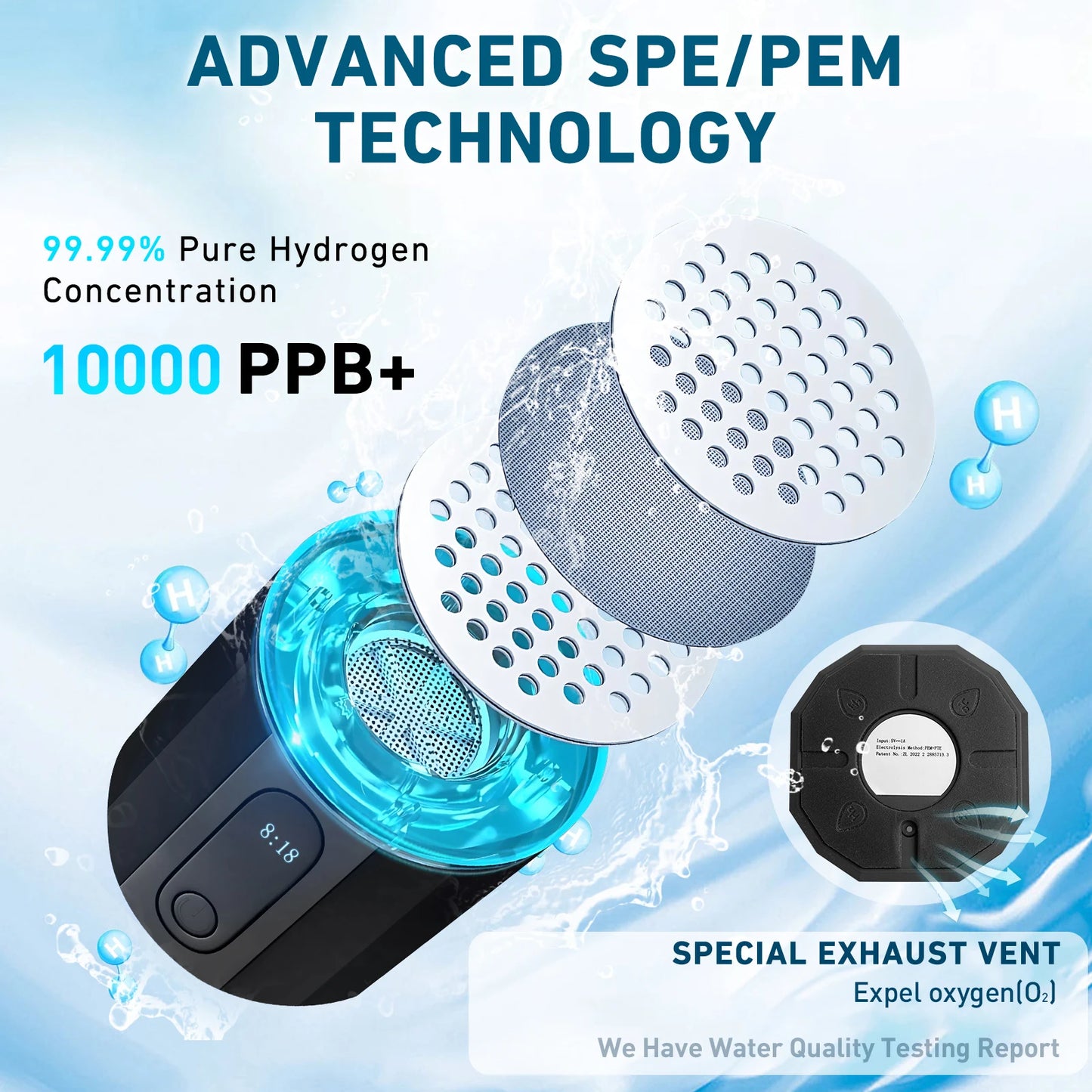 Hydrogen Water Bottle With SPE PEM Technology Performance