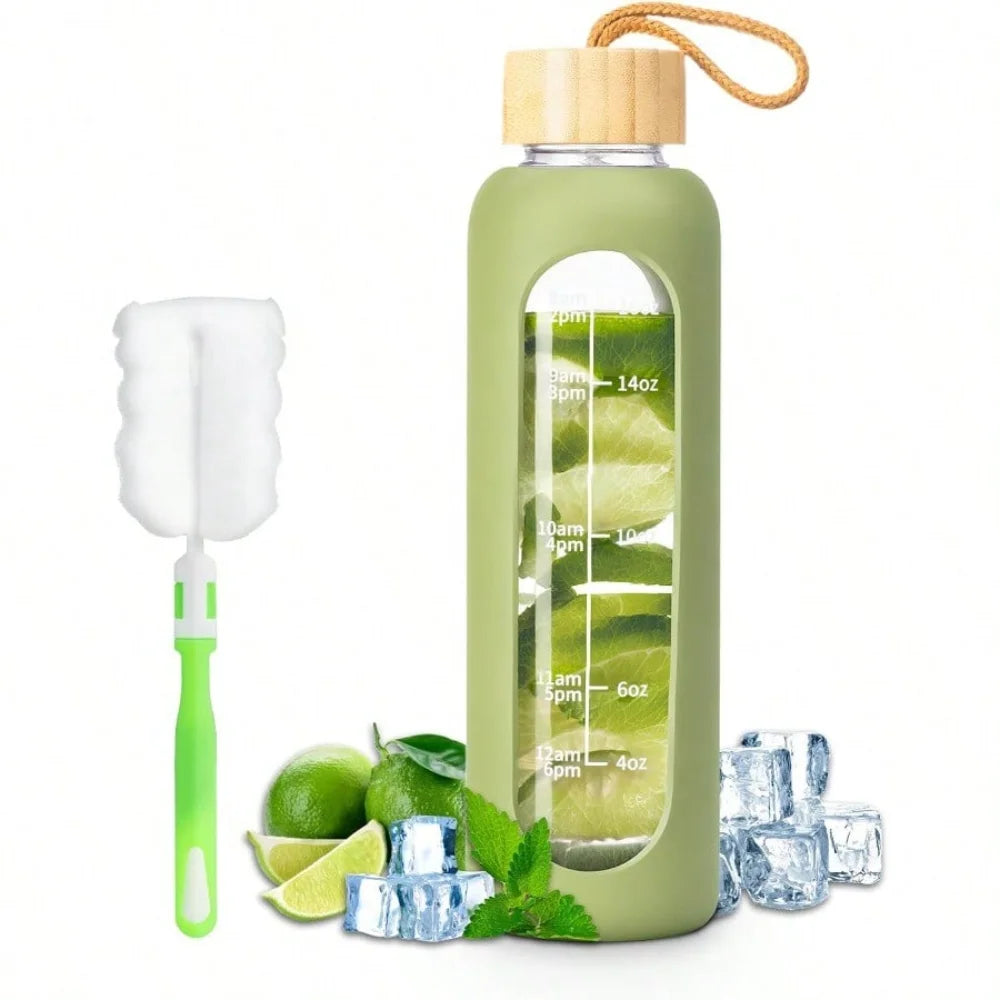 Glass Water Bottle With Time Marker Leakproof And Silicone Sleeve