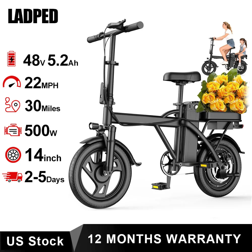 Ladped Foldable Electric Bike 500W 48V Two Seat Range 30mi