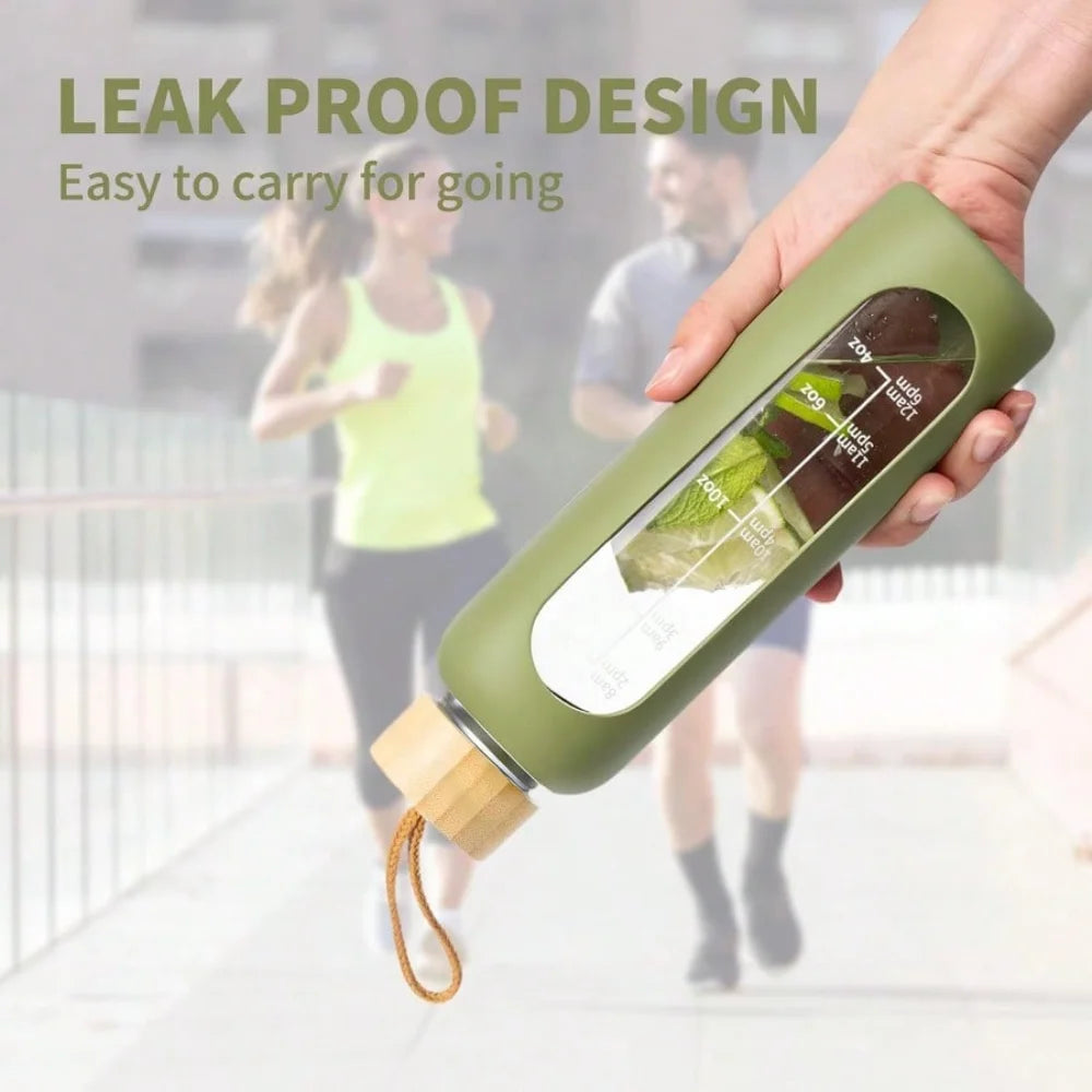 Glass Water Bottle With Time Marker Leakproof And Silicone Sleeve