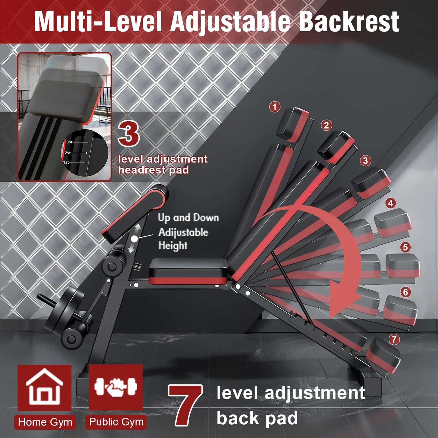 7 Level Foldable Weight Bench With Incline Extended Headrest