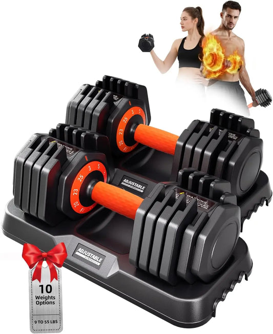 Adjustable Dumbbell Set 110 Lb With Tray For Home Gym