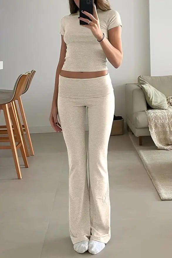Women's Two-Piece Yoga Set Short Sleeve Top Flared Pants