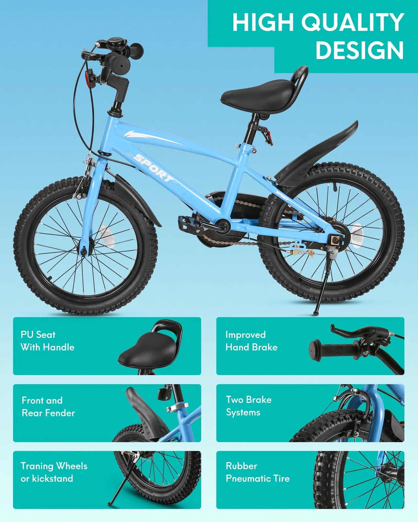 Kids Bike With Training Wheels And Dual Handbrake Kickstand