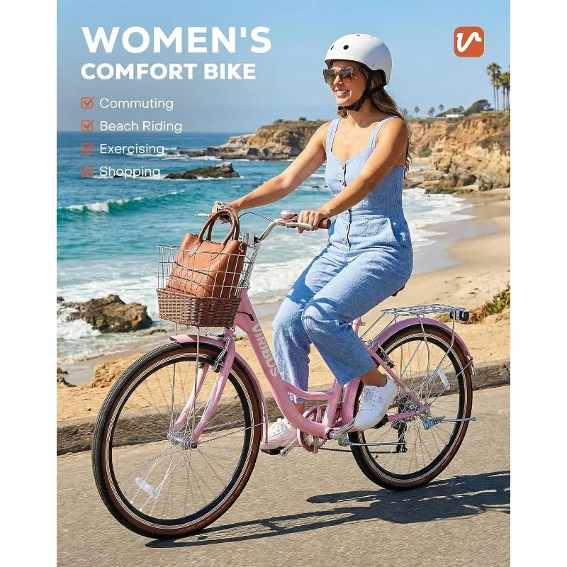 Viribus Womens Cruiser Bike 7 Speed Beach City Commuter Basket