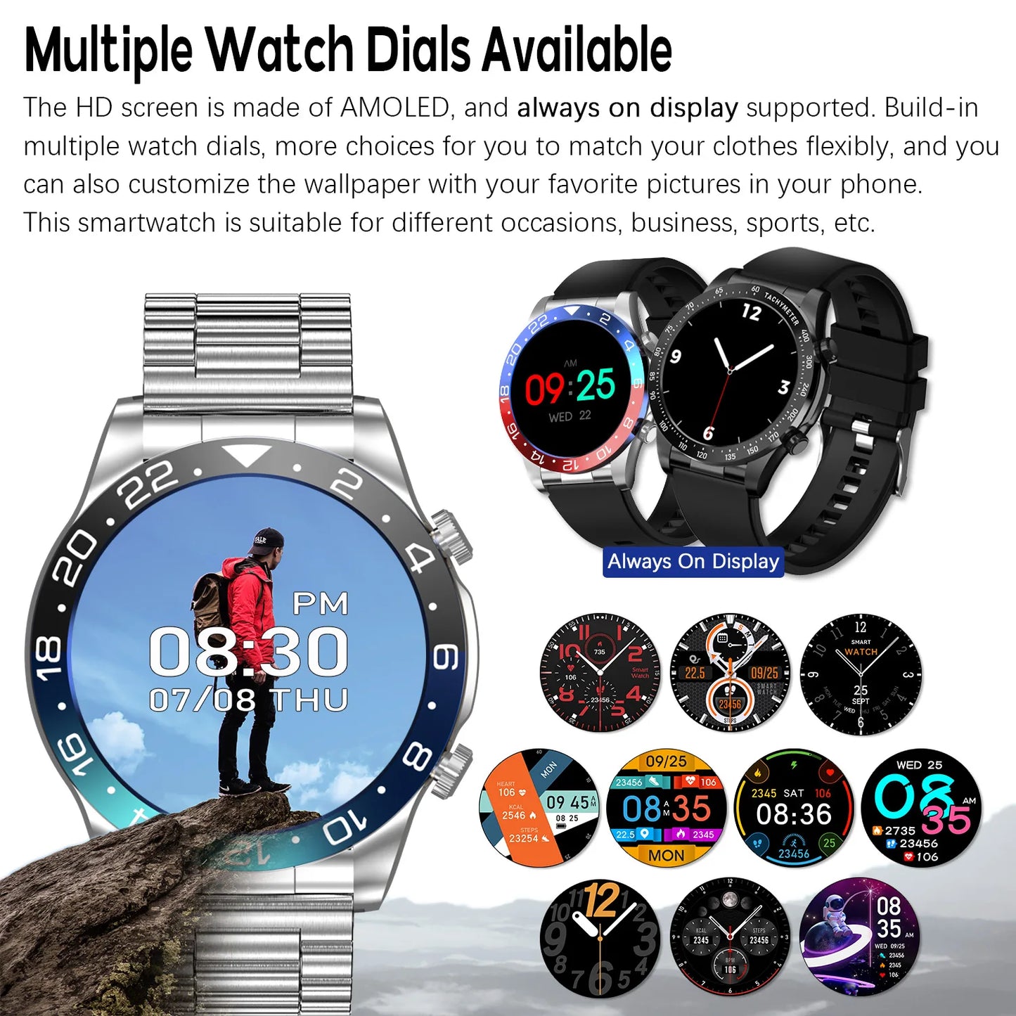 Smart Watch For Men AMOLED Bluetooth Heart Rate Fitness Tracker