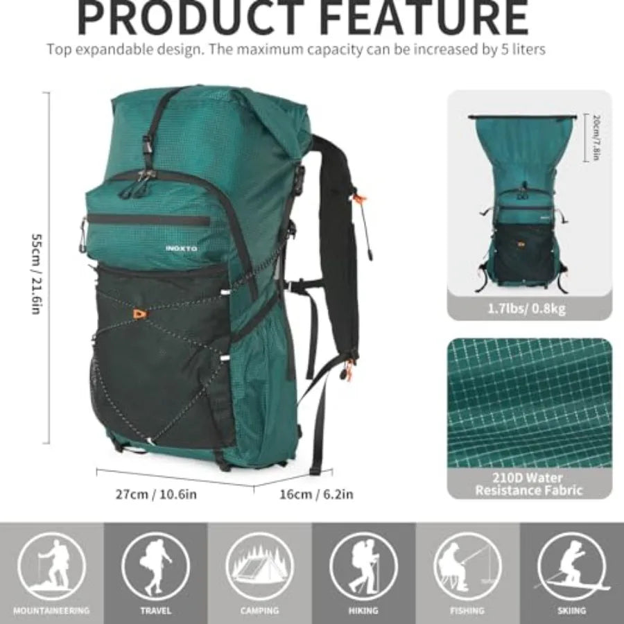 Lightweight 30L Hiking Backpack Waterproof With 3L Water Bladder Rain Cover