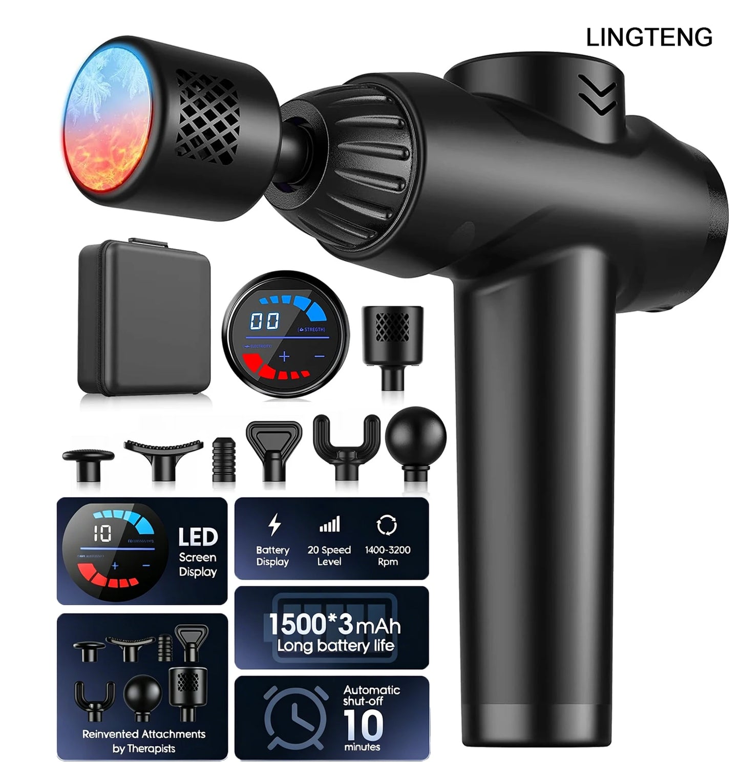 LINGTENG Massage Gun With Hot Cold 7 Heads For Deep Tissue