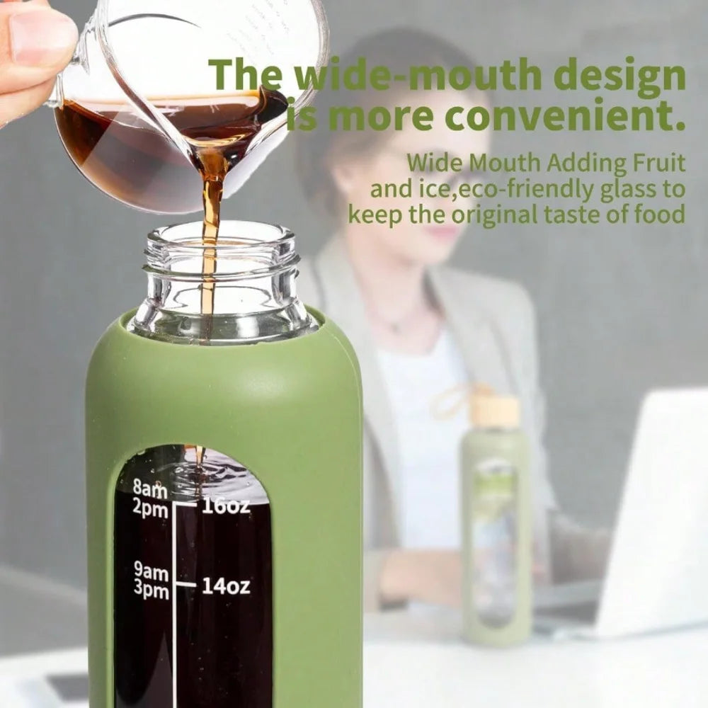 Glass Water Bottle With Time Marker Leakproof And Silicone Sleeve