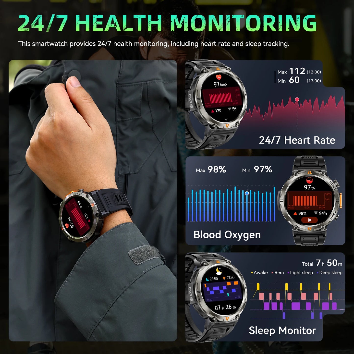 Military GPS Smartwatch for Men With Heart Rate Tracker