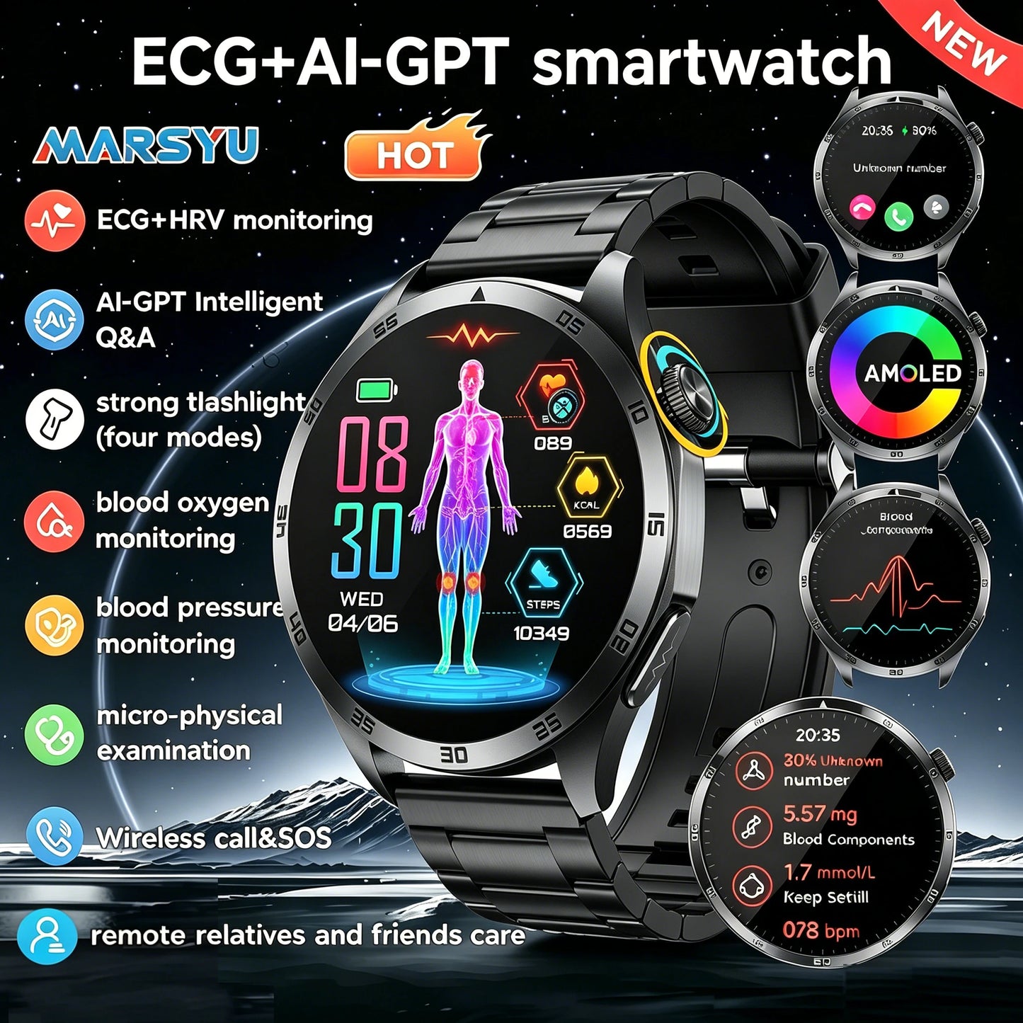 Marsyu 2026 Nursing Grade Smart Watch ECG PPG Blood Pressure