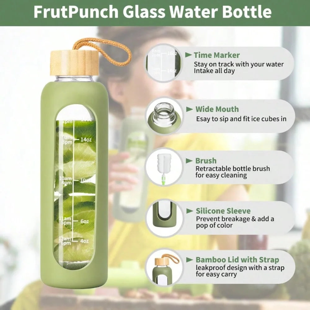Glass Water Bottle With Time Marker Leakproof And Silicone Sleeve