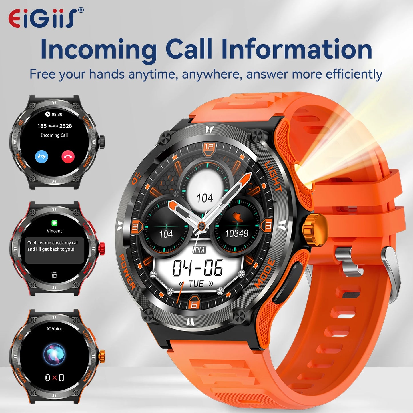 EIGIIS Smart Watch 3ATM Waterproof Heart Rate Bluetooth Call