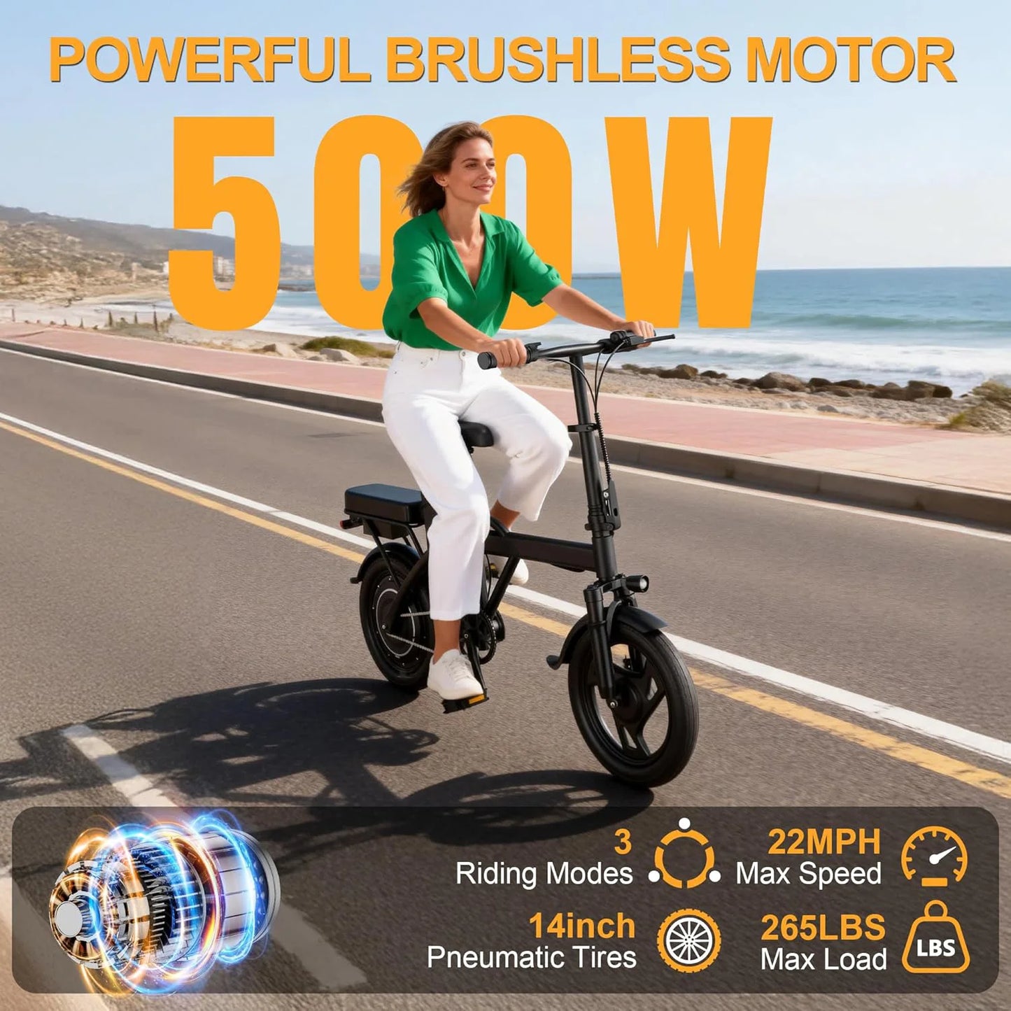 Ladped Foldable Electric Bike 500W 48V Two Seat Range 30mi
