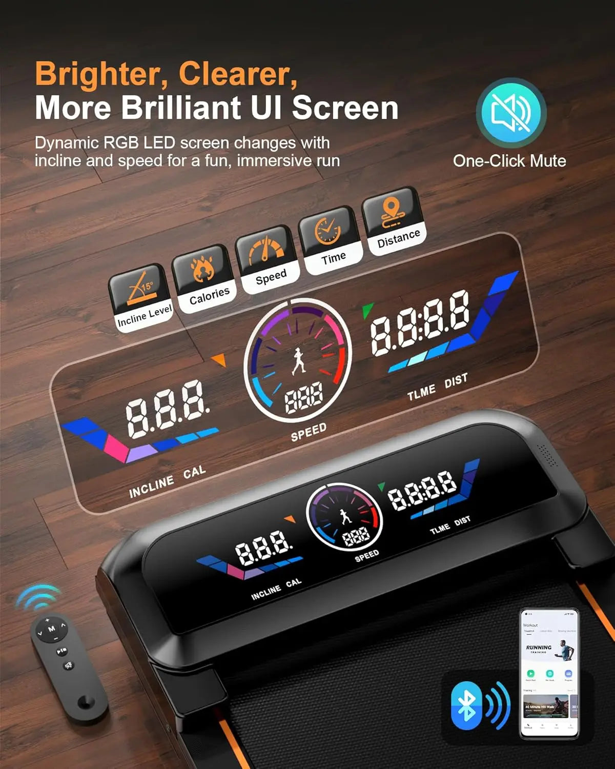 Under Desk Walking Pad Treadmill With Auto Incline And RGB UI Screen