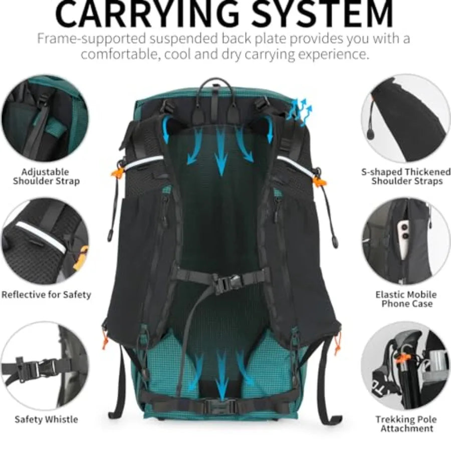 Lightweight 30L Hiking Backpack Waterproof With 3L Water Bladder Rain Cover