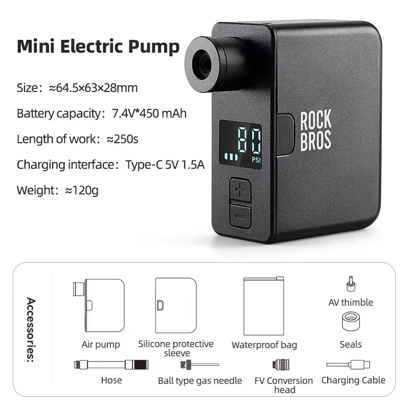 ROCKBROS Portable Electric Bicycle Pump 120 PSI Type C Inflator