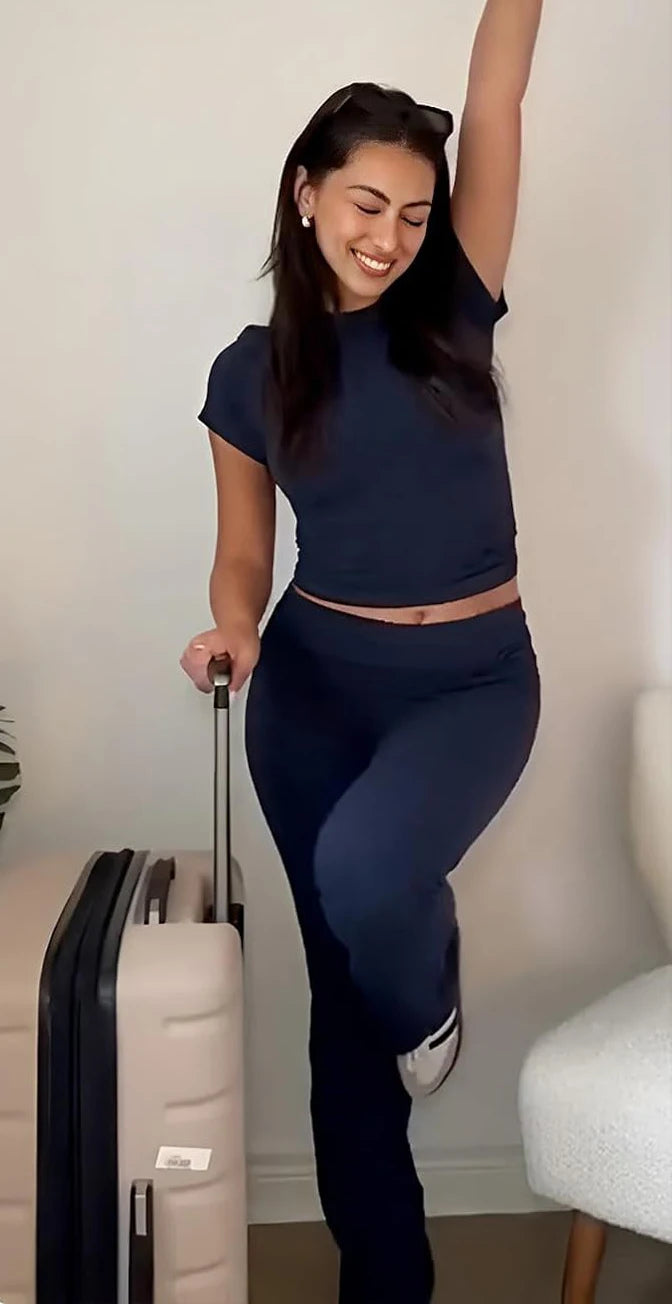 Women's Two-Piece Yoga Set Short Sleeve Top Flared Pants