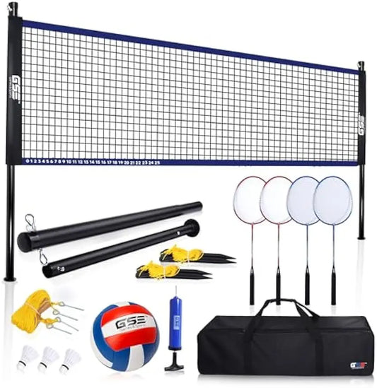 Outdoor Volleyball And Badminton Combo Set With Net And Racquets