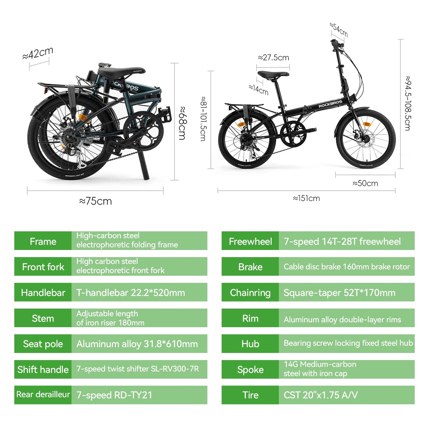 Rockbros Folding Bike Carbon Steel Frame 7 Speed Disc Brake