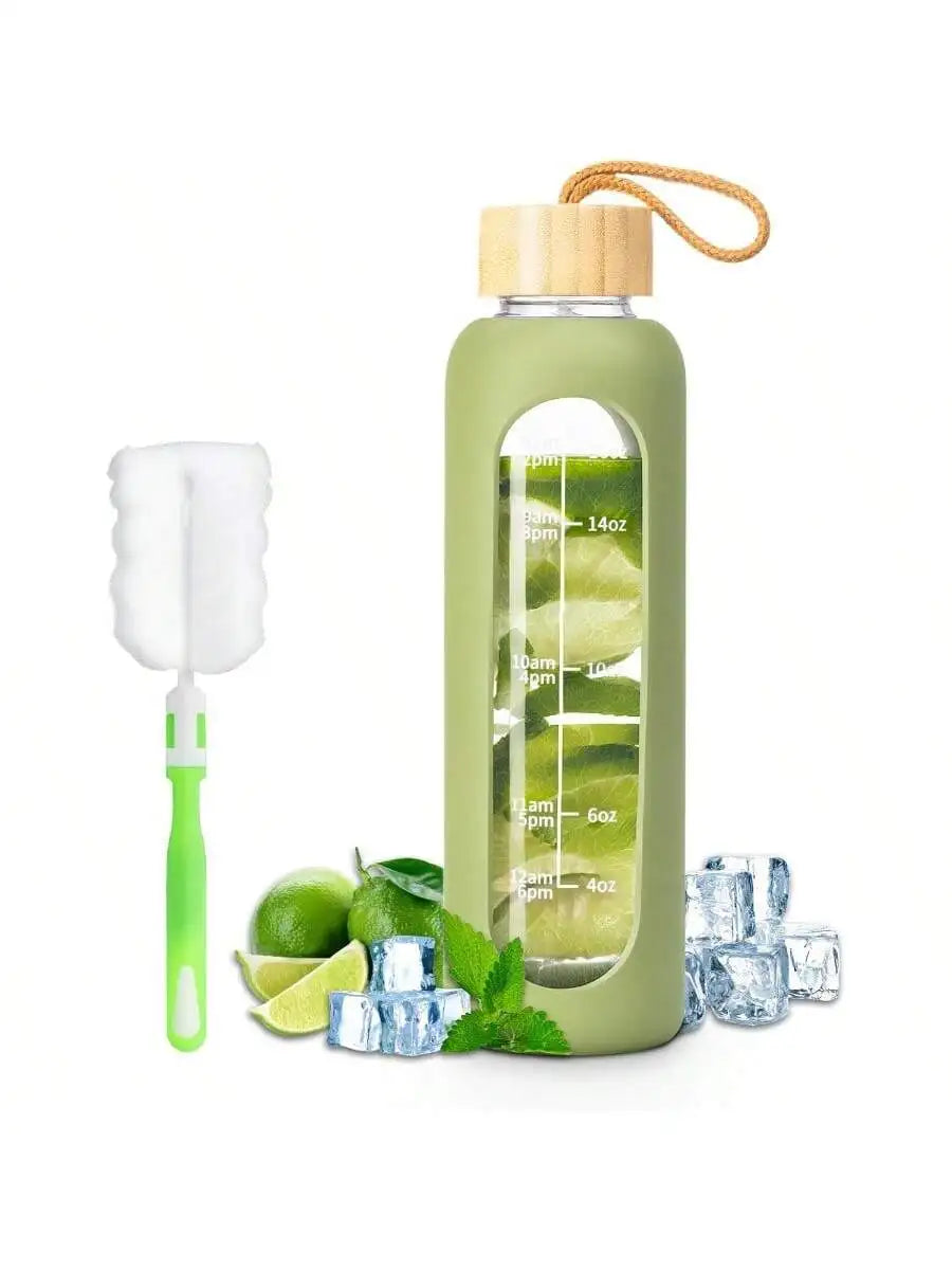 Glass Water Bottle With Time Marker Leakproof And Silicone Sleeve