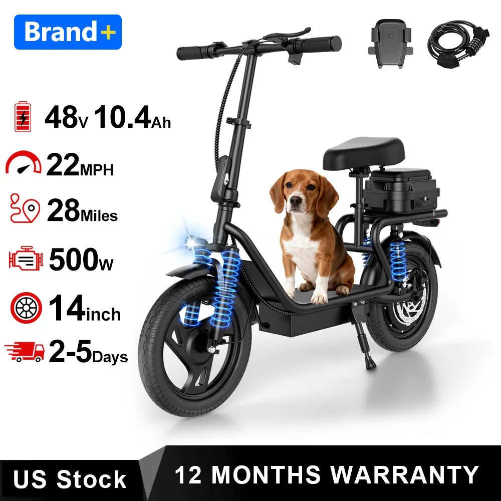 AOVOPRO 500W Foldable Electric Bike 10.4Ah Battery 28 Mile Range