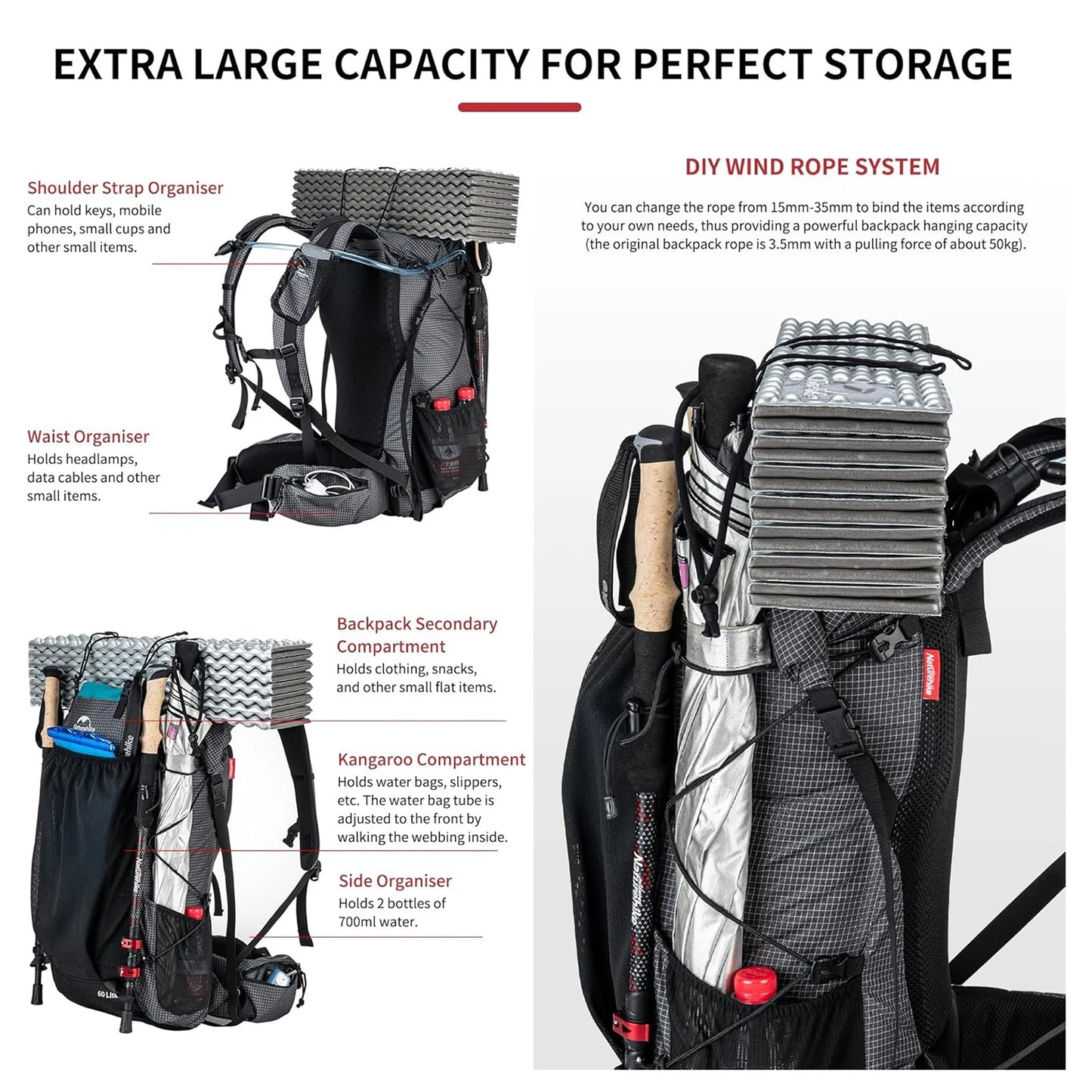 Naturehike Outdoor Mountain Backpack Waterproof With Rain Cover
