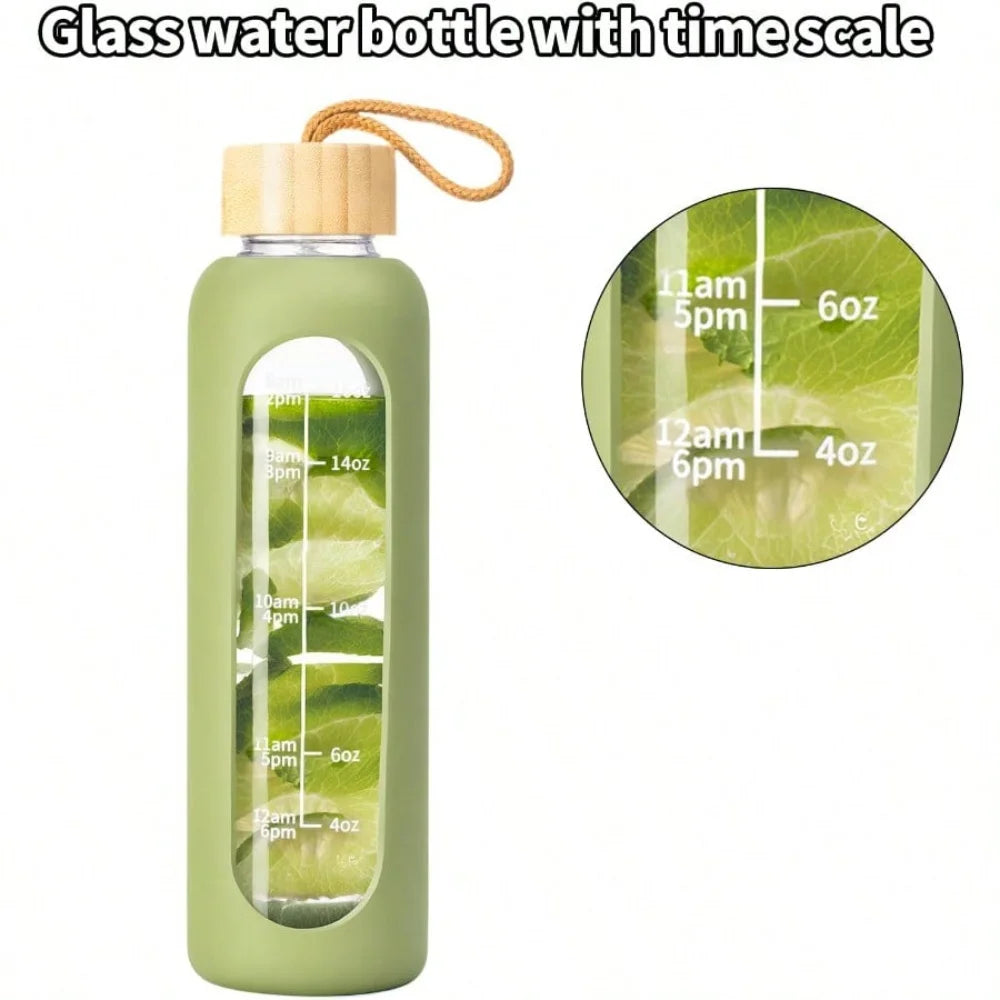 Glass Water Bottle With Time Marker Leakproof And Silicone Sleeve