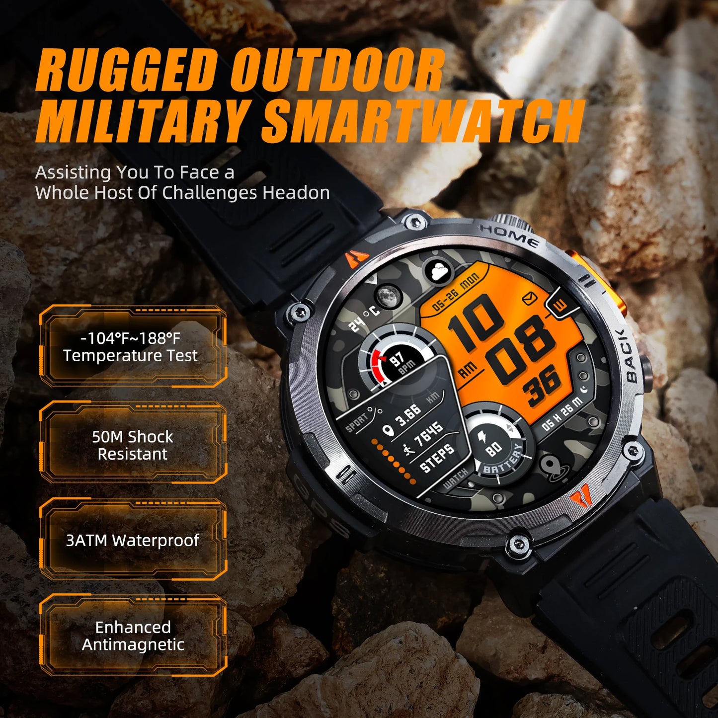 Military GPS Smartwatch for Men With Heart Rate Tracker
