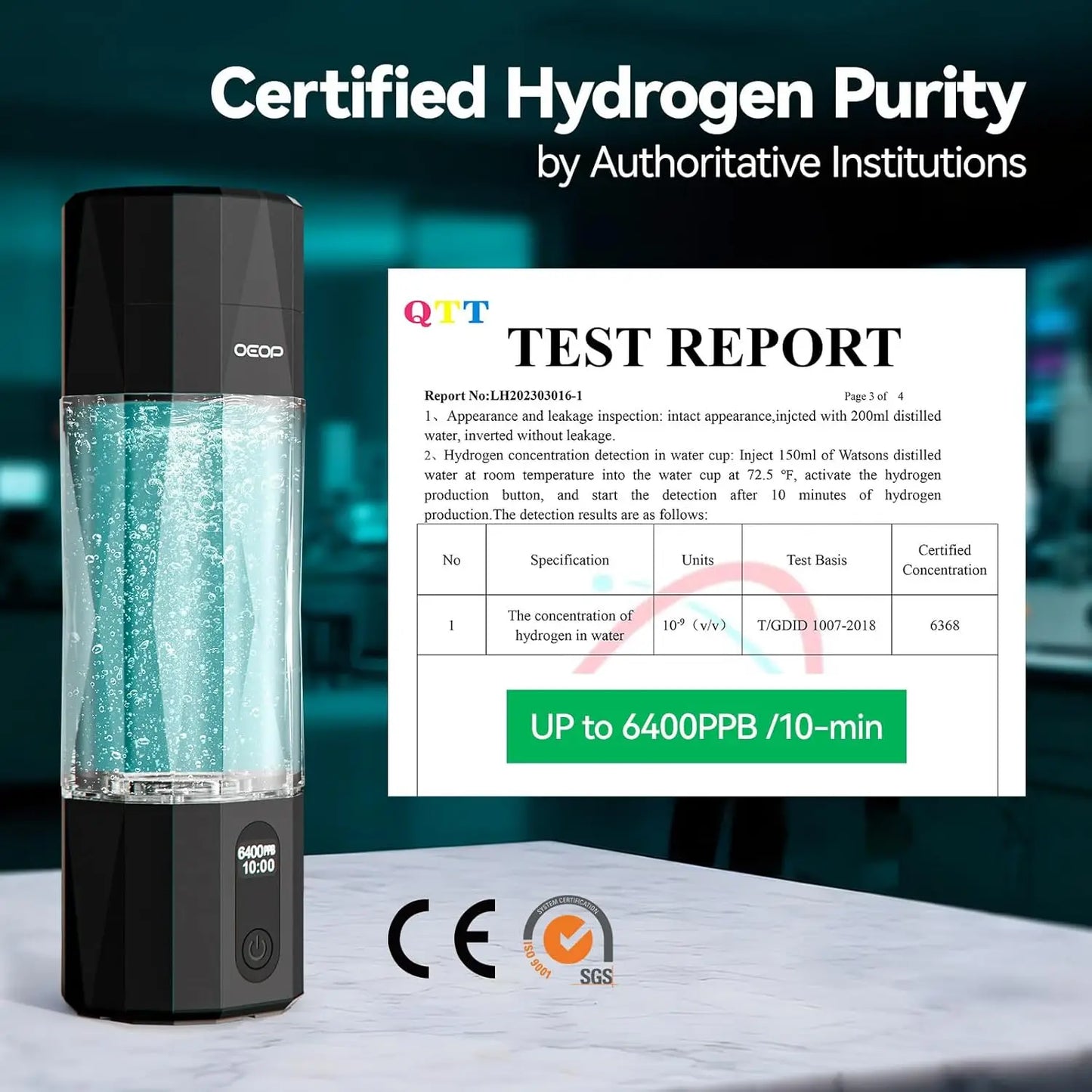 Hydrogen Water Bottle Generator 6400 PPB Concentration SPE PEM Portable
