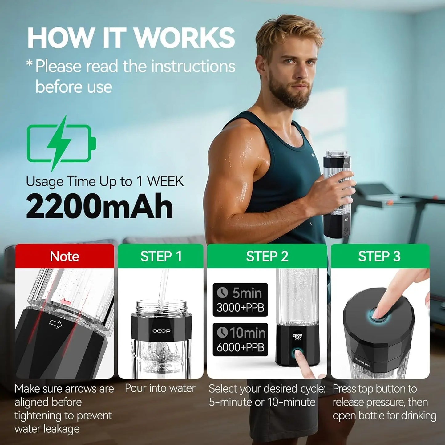 Hydrogen Water Bottle Generator 6400 PPB Concentration SPE PEM Portable